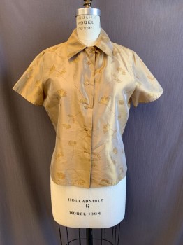 Womens, Blouse, GIORGIO ARMANI, Khaki Brown, Gold, Silk, Floral, B:38, 6, Collar Attached, Button Front, Short Sleeves, Has Repair Under Right Arm See Detail Photo,