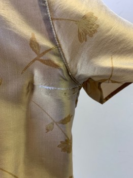 Womens, Blouse, GIORGIO ARMANI, Khaki Brown, Gold, Silk, Floral, B:38, 6, Collar Attached, Button Front, Short Sleeves, Has Repair Under Right Arm See Detail Photo,