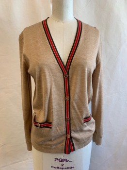 TORI BURCH, Tan Brown, Red, Brown, Acrylic, Solid, Stripes, V-neck, 4 Gold Logo Buttons, 2 Pockets with Gold Buttons, Brown and Red Stripe Trim on Pockets and Neck and Down Front