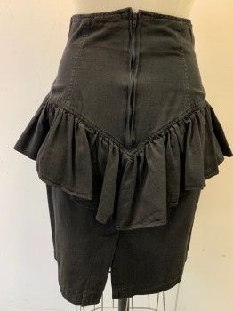 CONTEMPO, Black, Cotton, Solid, Straight Above Knee High Waist , Zipper Back 8 Large Brass Garments with Self Lace, Gathered  Flounce Around Hip
