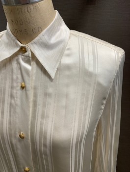 STARINGTON, Off White, Silk, Stripes, L/S, Button Front, Top Stitch On Collar, Gold Cording Shank Buttons, Shoulder Pads, **Rust Stains On Shoulders