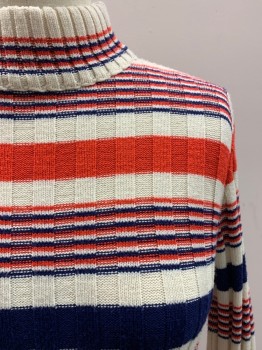 Womens, Sweater, KORET OF CALIFORNIA, Red, Off White, Navy Blue, Acrylic, Stripes, S, Mock Neck, Ribbed, Zip Back,