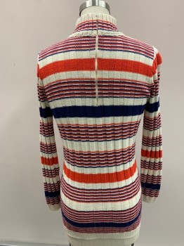 Womens, Sweater, KORET OF CALIFORNIA, Red, Off White, Navy Blue, Acrylic, Stripes, S, Mock Neck, Ribbed, Zip Back,