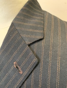 N/L MTO, Espresso Brown, Lt Brown, Wool, Stripes - Pin, Single Breasted, Notched Lapel, 3 Buttons, 3 Pockets, Caramel Paisley Pattern Jacquard Lining, Retro