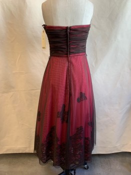 BCBG, Pink, Brown, Polyester, Acetate, Solid, Strapless, Gathered Bust, Pink Dress with Brown Mesh Overlay & Brown Lace Appliqué, Zip Back