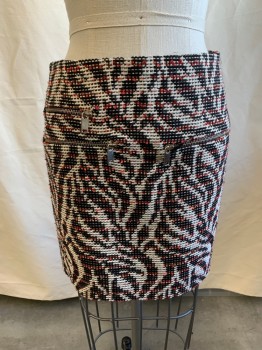 Womens, Skirt, Mini, ZARA, White, Black, Red, Polyester, Swirl , XS, Zip Back, Tapestry Style Textile, 3 Front Zippers