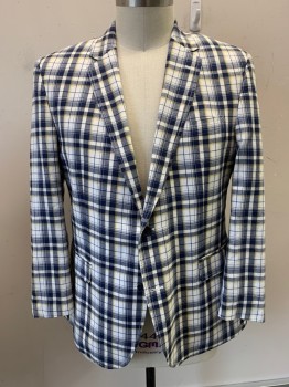 Mens, Sportcoat/Blazer, TOMMY HILFIGER, White, Navy Blue, Yellow, Cotton, Plaid, 46R, Single Breasted, 2 Buttons,  Notched Lapel, 3 Pockets, 2 Back Vents,