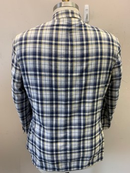 Mens, Sportcoat/Blazer, TOMMY HILFIGER, White, Navy Blue, Yellow, Cotton, Plaid, 46R, Single Breasted, 2 Buttons,  Notched Lapel, 3 Pockets, 2 Back Vents,