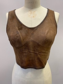 Womens, Historical Fiction Bodice, MTO, Brown, Leather, Solid, W27, B36, Mottled with Age, Cropped, Sleeveless, Back Lace And Zip, Light Pink Stains On Inside Multiple
