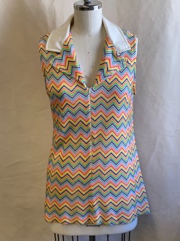 Womens, Top, NL, White, Red, Orange, Turquoise Blue, Green, Polyester, Chevron, W 38, B 40, C.A., Zip Front, Slvls, Long Top