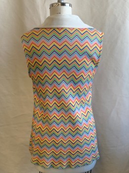 Womens, Top, NL, White, Red, Orange, Turquoise Blue, Green, Polyester, Chevron, W 38, B 40, C.A., Zip Front, Slvls, Long Top