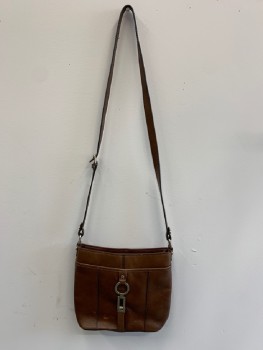 Womens, Purse, ETIENNE AIGNER, Brown, Leather, Solid, Crossbody, Long Strap, Dull Silver Ring And Rectangle CF, Aged/Distressed,