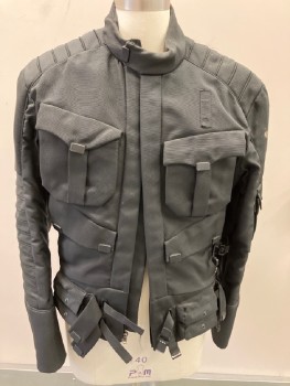 Unisex, Fire/Police Jacket, N/L, Black, Nylon, Textured Fabric, CH42, Zip Front, Multi Pockets with Flaps , Horizontal Piping On Raglan Sleeves, Band Collar, Texture Wave * Glue Residue On Sleeves*