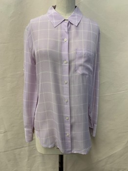 Womens, Blouse, BROADWAY & BROOME, Lilac Purple, White, Silk, Grid , XS, Collar Attached, Button Front, Long Sleeves, 1 Pocket, Button at Mid Sleeve