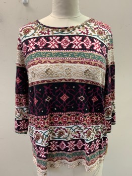 Womens, Top, ALFRED DUNNER, Magenta Pink, Plum Purple, Coffee Brown, White, Dk Green, Cotton, Spandex, Abstract , Floral, L, L/S, CN, Square Studs at Neckline