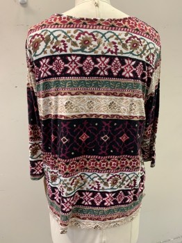 Womens, Top, ALFRED DUNNER, Magenta Pink, Plum Purple, Coffee Brown, White, Dk Green, Cotton, Spandex, Abstract , Floral, L, L/S, CN, Square Studs at Neckline
