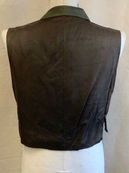 Mens, Vest 1890s-1910s, NL, Dk Brown, Dk Olive Grn, Wool, Polyester, Diamonds, 42, Notched Lapel, Button Front, 2 Pockets, Solid Back,  Holes In Back & Side From Missing Belt, Distressed