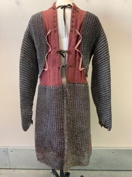 NO LABEL, Silver, Brick Red, Metallic/Metal, Cotton, L/S, CN, Full Body Chain Armor, Back Ties, SkirtLike Bottom, Aged