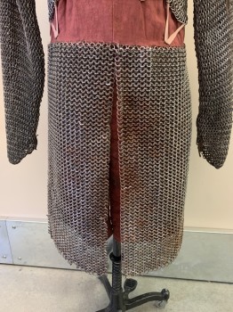 NO LABEL, Silver, Brick Red, Metallic/Metal, Cotton, L/S, CN, Full Body Chain Armor, Back Ties, SkirtLike Bottom, Aged