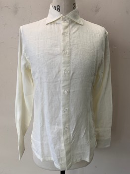 Mens, Casual Shirt, Island Import, Off White, Linen, Solid, S, L/S, Button Front, C.A.,
