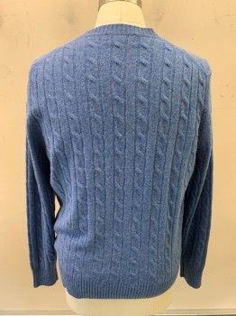 Mens, Pullover Sweater, BROOKS BROTHERS, Blue, Wool, Solid, 2 Color Weave, L, L/S, CN, Cable Knit, Variegated Color