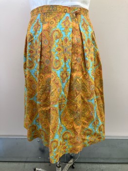 Womens, Skirt, N/L, W: 34, Gold/ Multi-color, Paisley, Pleated, Back Zip