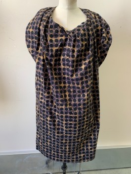 Womens, Dress, Sleeveless, A DETACHER, Brown, Black, White, Navy Blue, Cotton, Abstract , Circles, Sz.4, Shift Dress, Low Slung Armholes, Unusual Gathering at Neck and Shoulders, Oversized, Esoteric Design, Side Seam Pockets
