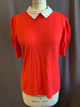 Womens, Top, CECE, Red-Orange, Poly/Cotton, Nylon, Solid, S, White Collar with Black Polka Dots, Pullover, S/S, Key Hole Back