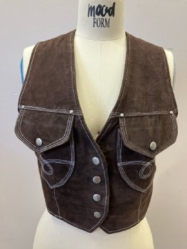 TUTTO PELLE, Brown Suede, V-N, Snap Front, Lace Up Sides, White Stitching, 2 Flap Patch Pockets, Peekaboo Back, Cropped, Lined