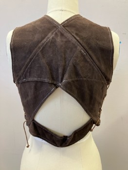 Womens, Vest, TUTTO PELLE, S, Brown Suede, V-N, Snap Front, Lace Up Sides, White Stitching, 2 Flap Patch Pockets, Peekaboo Back, Cropped, Lined