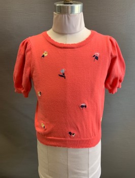 Childrens, Sweater, JANIE & JACK, Coral Pink, Blue, Poly/Cotton, 7, Navy, Blue, Yellow, & Pink Floral Embroidery, Lettuce Edge, CN, S/S, 1/4 Button Back Ribbed Neck, Waist, & Cuffs