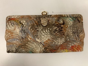 Womens, Purse, N/L, Brown, Rayon, Abstract , 12"X6", Multi Color Swirl, Clutch, Circular Gold Clasp