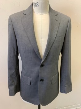 Mens, Suit, Jacket, HARDY AMIES, Dk Gray, Wool, Polyester, Heathered, 38R, Notched Lapel, 2 Buttons, 3 Pockets, Hand Picked Stitching, Vents at Back