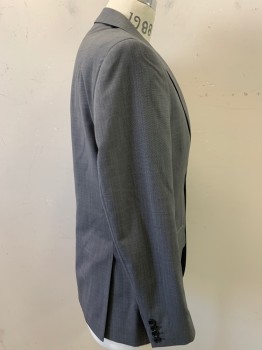 HARDY AMIES, Dk Gray, Wool, Polyester, Heathered, Notched Lapel, 2 Buttons, 3 Pockets, Hand Picked Stitching, Vents at Back