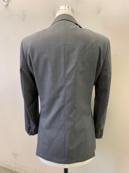 Mens, Suit, Jacket, HARDY AMIES, Dk Gray, Wool, Polyester, Heathered, 38R, Notched Lapel, 2 Buttons, 3 Pockets, Hand Picked Stitching, Vents at Back