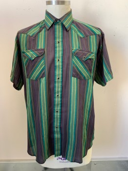 Panhandle, Green, Moss Green, Wine Red, Black, Polyester, Cotton, Stripes, S/S, Snap Buttons, Collar Attached, Chest Pockets