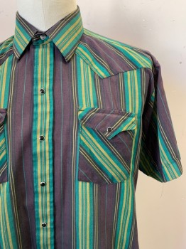 Panhandle, Green, Moss Green, Wine Red, Black, Polyester, Cotton, Stripes, S/S, Snap Buttons, Collar Attached, Chest Pockets
