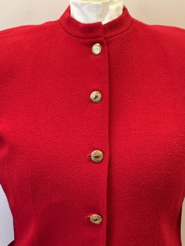 KASPER, Red, Wool, Polyester, Solid, L/S, B.F., Collar Band, Shoulder Pads