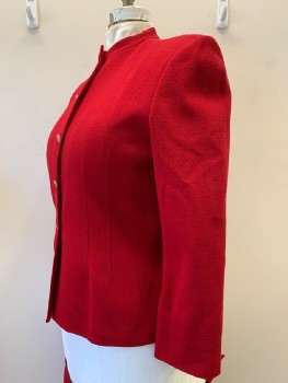 KASPER, Red, Wool, Polyester, Solid, L/S, B.F., Collar Band, Shoulder Pads