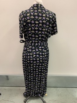 ROBBIE BE, Black, Multi-color, Rayon, Floral, C.A., V-N, S/S, Wrap Dress, Lilac, Light Blue, And Cream Flowers