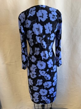 Womens, Dress, Long & 3/4 Sleeve, EVAN PICONE, Baby Blue, Black, Polyester, Elastane, Floral, 4, V-N, Asymmetrical, Wrap Style, Gold Ring At Waist Front,