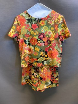 Womens, Romper, ZARA, Green, Teal Blue, White, Rose Pink, Red, Polyester, Viscose, Floral, S, Attached Over Top For 2 Piece Look, Round Neck, S/S, Button Back