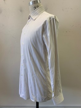 Calvin Klein, Off White, Beige, Brown, Cotton, Stripes - Vertical , L/S, Button Front, Collar Attached