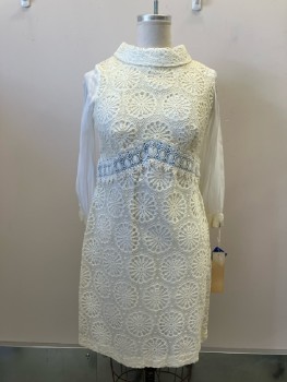 White Lace, Round Neck with Fold Over Collar, Long Sheer Sleeves with Lace Cuffs, Back Zip, Light Blue Insert Waistband,