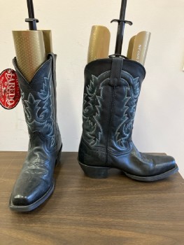 Mens, Cowboy Boots , LOREDO, 8D, Black Leather Square Toe, Teal/Gray Ombre Stitching, Fabric Lining