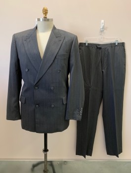 NO LABEL, Charcoal Gray, Beige, Wool, Stripes - Pin, 6 Buttons, Double Breasted, Peaked Lapel, 3 Pockets