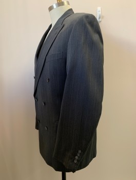 NO LABEL, Charcoal Gray, Beige, Wool, Stripes - Pin, 6 Buttons, Double Breasted, Peaked Lapel, 3 Pockets