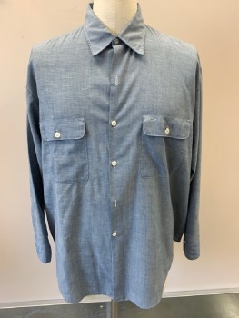 Mens, Casual Shirt, BIG MAC JC PENNY, Denim Blue, Polyester, Cotton, Solid, 34, 17.5, L/S, C.A., B.F., 2 Front Pockets, White Stitching Detail                                                                            * Note * Missing 2 Buttons On Plaquet