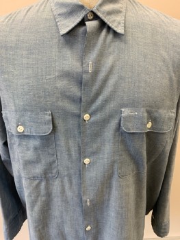 BIG MAC JC PENNY, Denim Blue, Polyester, Cotton, Solid, L/S, C.A., B.F., 2 Front Pockets, White Stitching Detail                                                                            * Note * Missing 2 Buttons On Plaquet