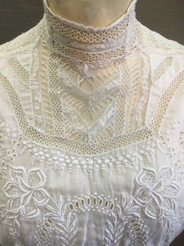 MTO, White, L200FOAM, Solid, Floral, Floral Embroidery with Eyelets Front, Lace Yoke, Hook & Eye Back, Band Collar, Peplum, 3/4 Dolman Sleeve, Lace Down Top Of Sleeve and Across Sleeve,